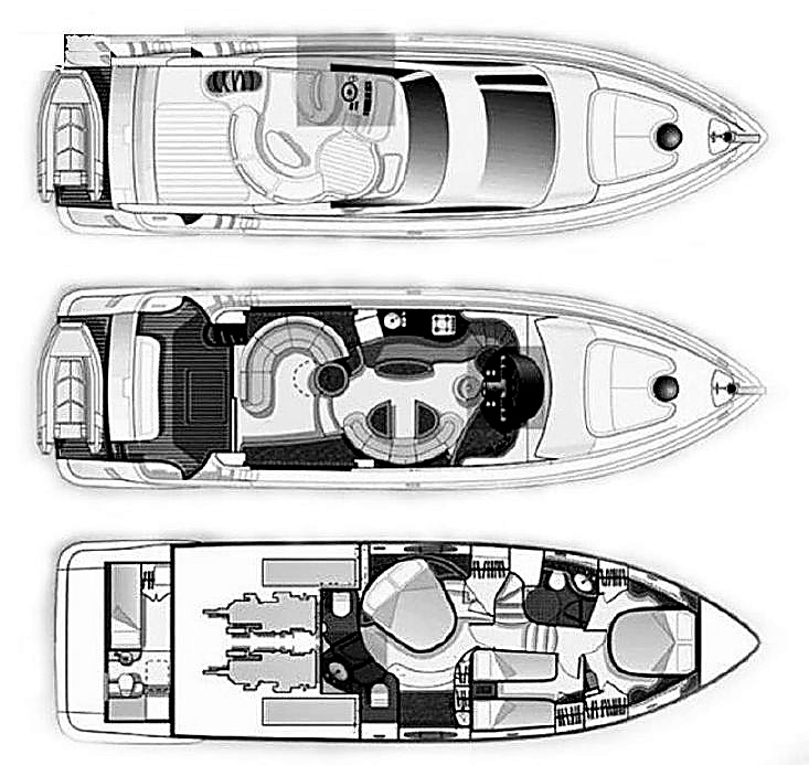 TruLou yacht layout showing flybridge, main deck and cabin floor plan configuration